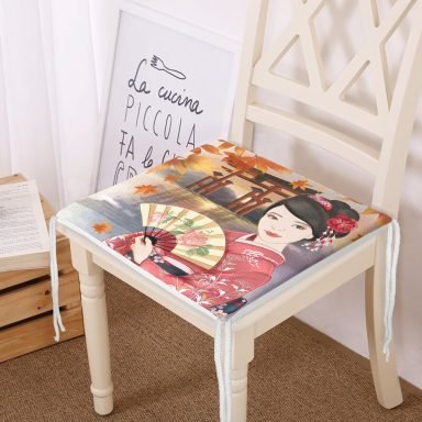 Gül Motifli Yelpaze Tutan Japon Kadın Motifli Dekoratif Fermuarlı Sandalye Minderi