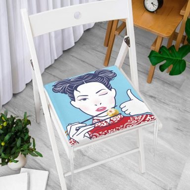 Suşi Yiyen Japon Kız Desenli Modern Fermuarlı Sandalye Minderi