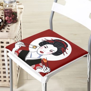 Suşi Yiyen Japon Kız Motifli Modern Fermuarlı Sandalye Minderi