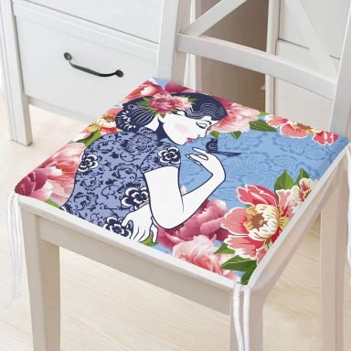 Kuş ve Gül Detaylı Kadın Motifli Dekoratif Fermuarlı Sandalye Minderi