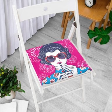 Pembe Zeminde Havai Fişek Figürlü Gözlüklü Fashion Girl Modern Fermuarlı Sandalye Minderi