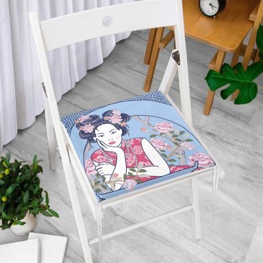 İnci Kolyeli Japon Kadın Dijital Baskılı Modern Fermuarlı Sandalye Minderi