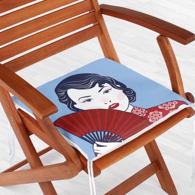 Kırmızı Yelpazeli Mavi Zeminli Japon Kadın Modern Fermuarlı Sandalye Minderi