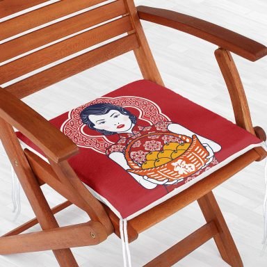 Meyve Sepetli Japon Kadın Desenli Modern Fermuarlı Sandalye Minderi