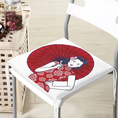 Sırtında Kırmızı Şemsiyeli Japon Kadın Motifli Fermuarlı Sandalye Minderi