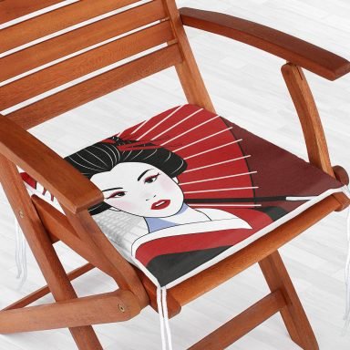 Kırmızı Temalı Japon Kadın Motifli Fermuarlı Sandalye Minderi