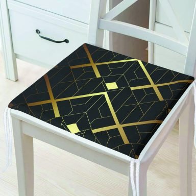 Koyu Zeminde Altın Rengi Geometrik Desenli Dijital Baskılı Fermuarlı Sandalye Minderi