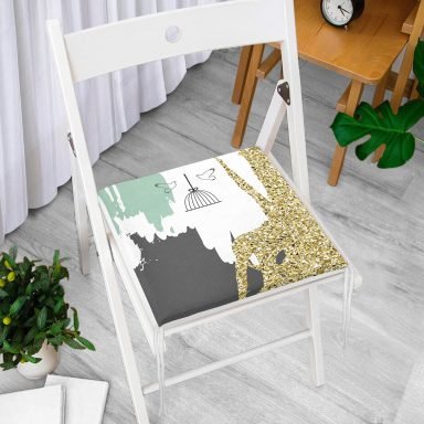 Kafes Ve Kuş Motifli Gold Modern Motifler Dijital Baskılı Modern Fermuarlı Sandalye Minderi