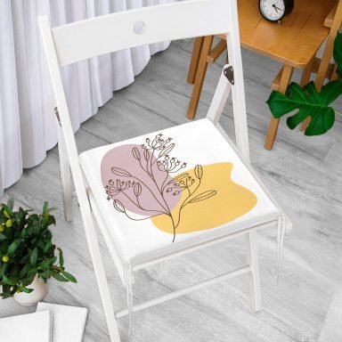Sarı Pudra Renkli İnce Dal Motifli Dijital Baskılı Modern Fermuarlı Sandalye Minderi