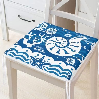 Mavi Zeminli Deniz Feneri Desenli Dijital Baskılı Modern Fermuarlı Sandalye Minderi