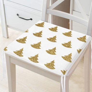 Beyaz Zeminde Gold Renkli Çam Ağacı Desenli Dijital Baskılı Modern Fermuarlı Sandalye Minderi