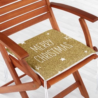 Gold Zeminde Merry Christmas Yazılı Dijital Baskılı Modern Fermuarlı Sandalye Minderi