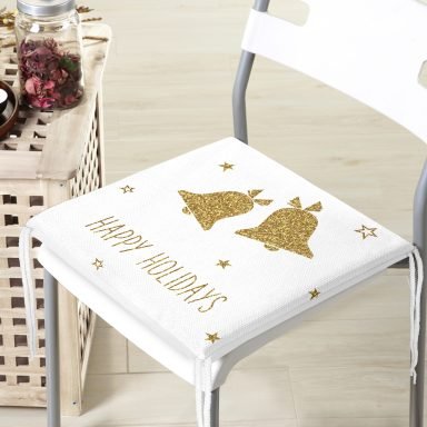 Beyaz Zeminde Gold Renkli Çan Desenli Dijital Baskılı Modern Fermuarlı Sandalye Minderi