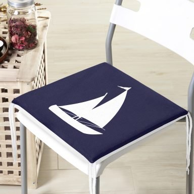 Lacivert Zeminli Yelken Desenli Dijital Baskılı Modern Fermuarlı Sandalye Minderi