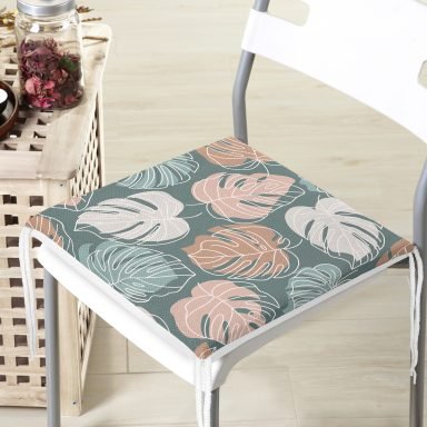 Renkli Zeminli Yaprak Desenli Dijital Baskılı Modern Fermuarlı Sandalye Minderi