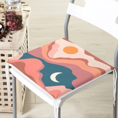 Pastel Renkli Zemin Üzerinde Ay Güneş Temalı Dijital Baskılı Modern Fermuarlı Sandalye Minderi