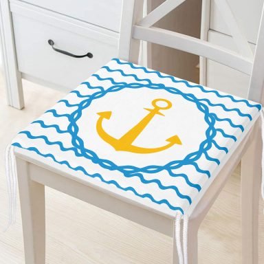 Beyaz Zemin Üzerinde Çapa Desenli Dijital Baskılı Modern Fermuarlı Sandalye Minderi