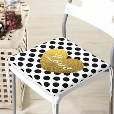 Beyaz Zeminde Puantiyeli Gold Detaylı Love Yazılı Dijital Baskılı Modern Fermuarlı Sandalye Minderi
