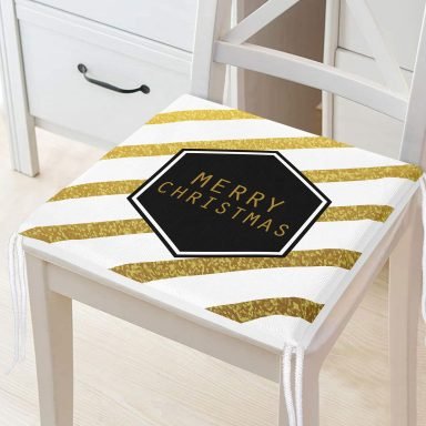 Beyaz Zeminde Gold Detaylı Merry Christmas Yazılı Dijital Baskılı Modern Fermuarlı Sandalye Minderi