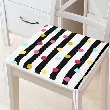 Beyaz Zeminde Modern Siyah Çizgili Renkli Puantiyeli Dijital Baskılı Modern Fermuarlı Sandalye Minderi