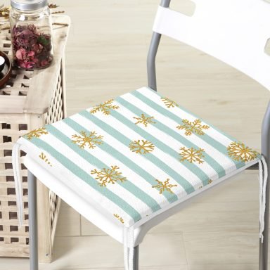 Beyaz Zeminde Renkli Çizgili Gold Detaylı Kar tanesi Desenli Dijital Baskılı Modern Fermuarlı Sandalye Minderi