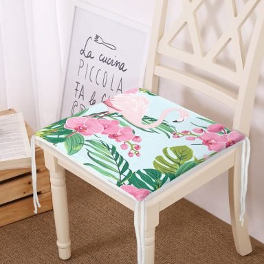 Renkli Tropik Yaprak Flamingo Motifli Fermuarlı Sandalye Minderi