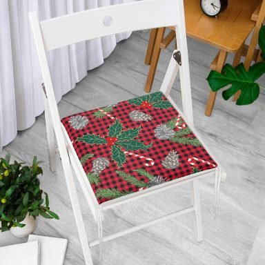 Ekose Zeminli Yılbaşı Temalı Dijital Baskılı Modern Fermuarlı Sandalye Minderi