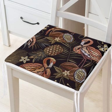 Koyu Zeminli Flamingo Ananas Motifli Fermuarlı Sandalye Minderi