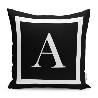 Siyah Zemin Beyaz Çerçeveli A Harfi Dijital Baskılı Kırlent Kılıfı