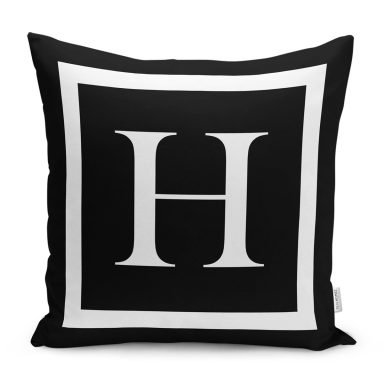 Siyah Zemin Beyaz Çerçeveli H Harfi Dijital Baskılı Kırlent Kılıfı