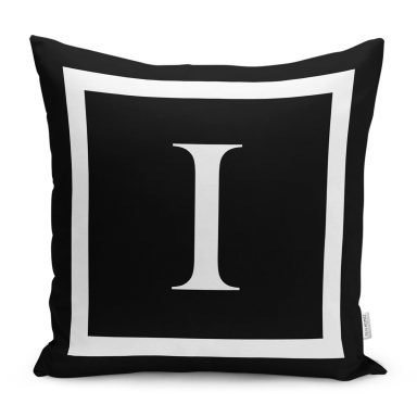 Siyah Zemin Beyaz Çerçeveli I Harfi Dijital Baskılı Kırlent Kılıfı