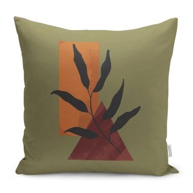 Yeşil Zemin Onedraw Geometrik Çizimli Yaprak Motifli Kırlent Kılıfı