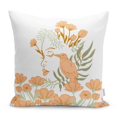 Onedraw Çiçekli Kuş & Kadın Çizimli Dekoratif Yastık Kırlent Kılıfı