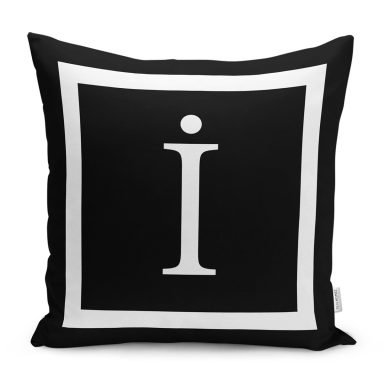 Siyah Zemin Beyaz Çerçeveli İ Harfi Dijital Baskılı Kırlent Kılıfı