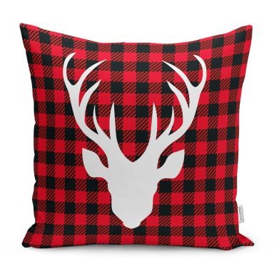 Yılbaşı Temalı Kırmızı Siyah Ekose Zeminli Geyik Motifli Yastık Kırlent Kılıfı