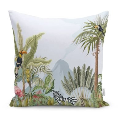 Renkli Tropik Yaprak & Hayvanlar Özel Tasarımlı Yastık Kırlent Kılıfı