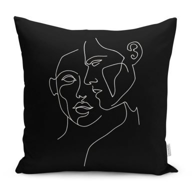 Siyah Beyaz Onedraw Çizimli Yüz Tasarımlı Modern Yastık Kırlent Kılıfı