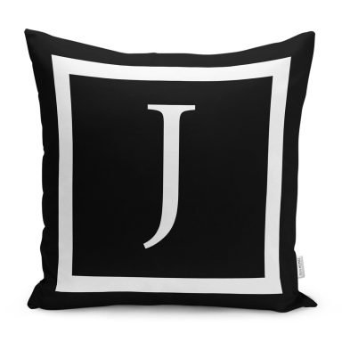 Siyah Zemin Beyaz Çerçeveli J Harfi Dijital Baskılı Kırlent Kılıfı