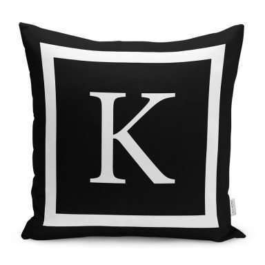 Siyah Zemin Beyaz Çerçeveli K Harfi Dijital Baskılı Kırlent Kılıfı