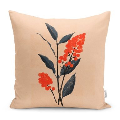 Krem Zeminli Tropik Yaprak Motifli Yastık Kırlent Kılıfı