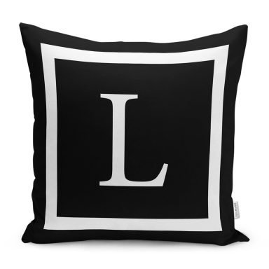 Siyah Zemin Beyaz Çerçeveli L Harfi Dijital Baskılı Kırlent Kılıfı