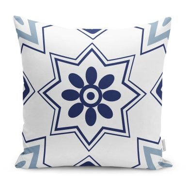 Mavi Çini Çizimli Dijital Baskılı Yastık Kırlent Kılıfı