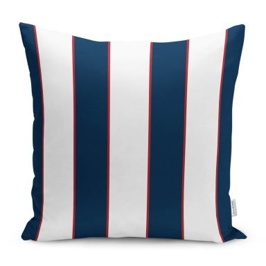Kırmızı Detaylı Lacivert Beyaz Çizgili Yastık Kırlent Kılıfı