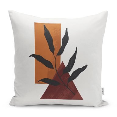 Beyaz Zemin Onedraw Geometrik Çizimli Yaprak Motifli Kırlent Kılıfı