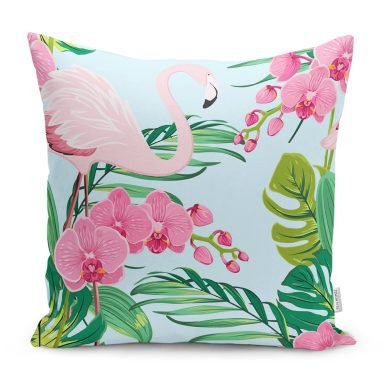 Renkli Tropik Yaprak Flamingo Motifli Yastık Kırlent Kılıfı