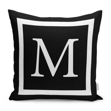 Siyah Zemin Beyaz Çerçeveli M Harfi Dijital Baskılı Kırlent Kılıfı