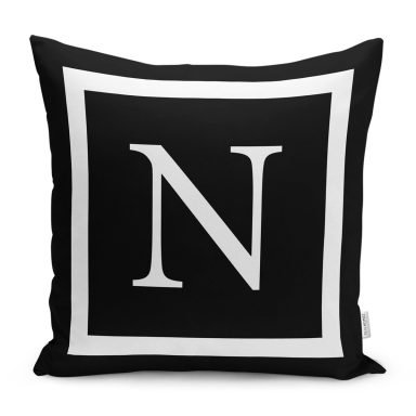 Siyah Zemin Beyaz Çerçeveli N Harfi Dijital Baskılı Kırlent Kılıfı