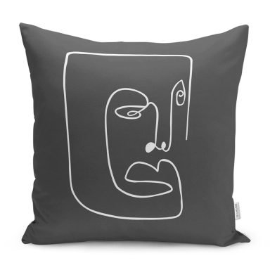 Koyu Gri One Line Çizimli Dijital Baskılı Yastık Kırlent Kılıfı
