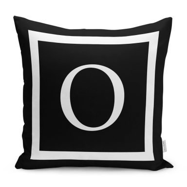 Siyah Zemin Beyaz Çerçeveli O Harfi Dijital Baskılı Kırlent Kılıfı