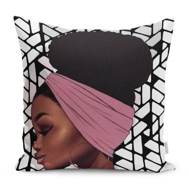 Geometrik Zeminli Siyahi Kadın Figürlü Dekoratif Yastık Kırlent Kılıfı